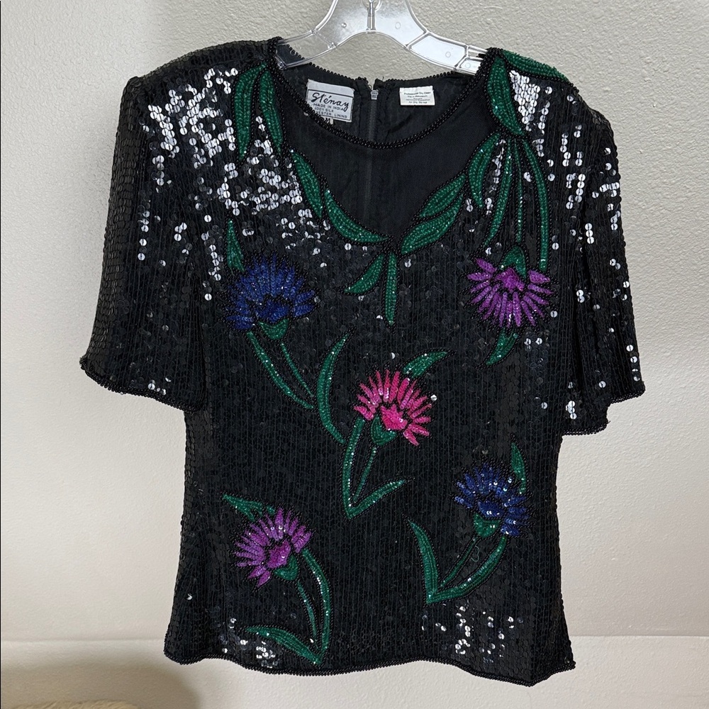 STENAY Vintage Beaded and Sequin Silk Top. Size Medium. Floral Motif
